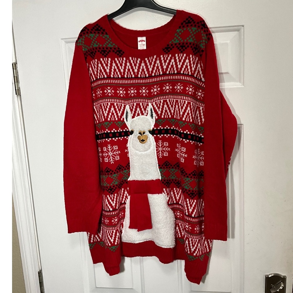 Holiday Time Womens 3X Ugly Christmas Sweater Llama Fair Isle Red Knit Pullover